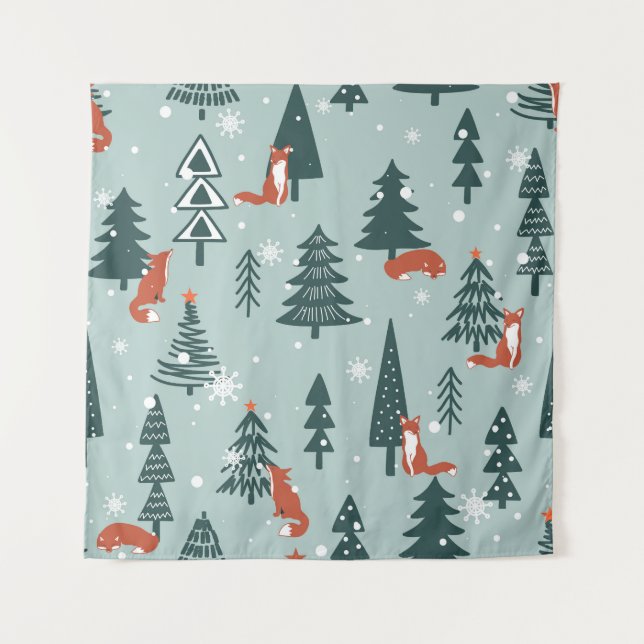 Foxes, fir-trees, winter, colourful pattern tapestry (Front)