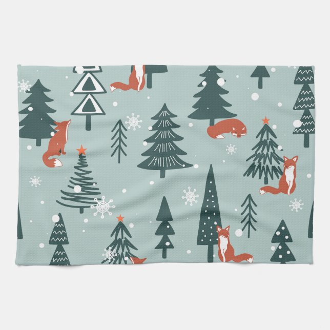 Foxes, fir-trees, winter, colourful pattern tea towel (Horizontal)