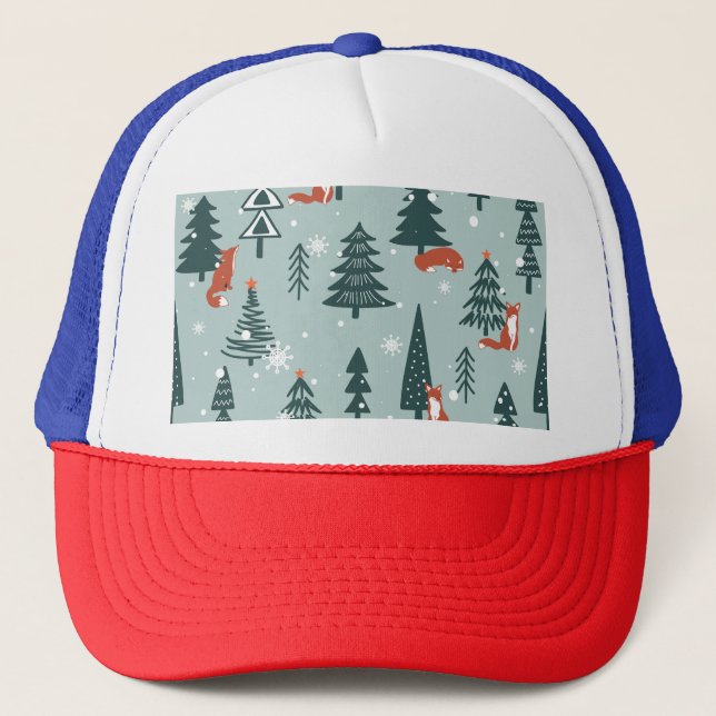 Foxes, fir-trees, winter, colourful pattern trucker hat (Front)