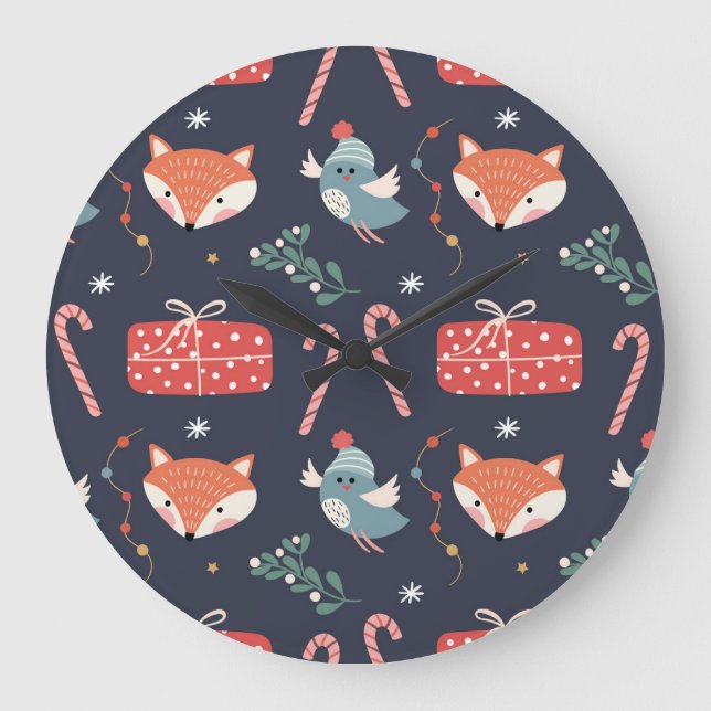 Foxes & Gifts: Christmas Seamless Pattern Large Clock (Front)