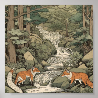 Foxes in japanese landscape poster