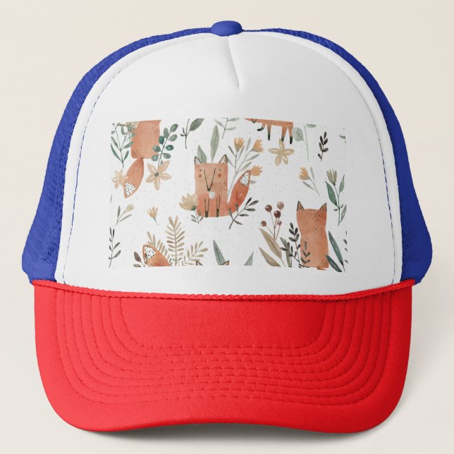 Foxes in Meadows: Watercolor Seamless Trucker Hat (Front)