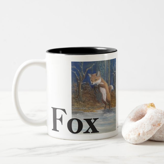 Foxes. Jumping Fox in Snow. Two-Tone Coffee Mug (With Donut)
