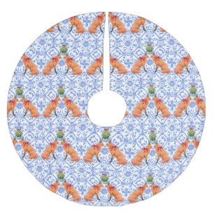 Foxes Kissing Under Mistletoe Blue Chinoiserie Brushed Polyester Tree Skirt