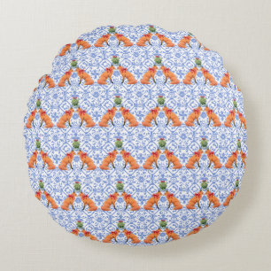 Foxes Kissing Under Mistletoe Blue Chinoiserie Round Cushion