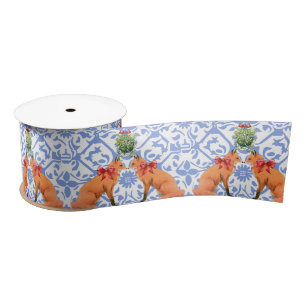 Foxes Kissing Under Mistletoe Blue Chinoiserie Satin Ribbon