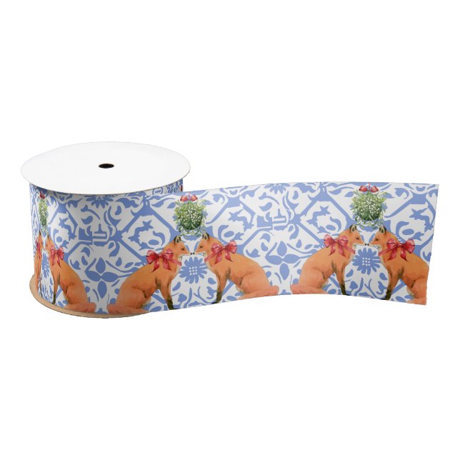 Foxes Kissing Under Mistletoe Blue Chinoiserie Satin Ribbon (Spool)