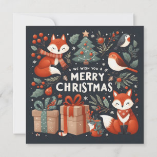 Foxes, Robins, Gift Boxes Merry Christmas  Holiday Card