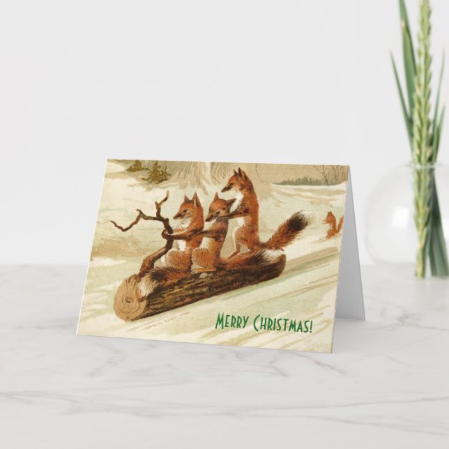 Foxes Sledding on a Log Animal Christmas Card (Front)