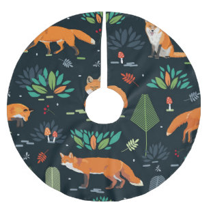 Foxes Trees Leaves Dark Background Brushed Polyester Tree Skirt