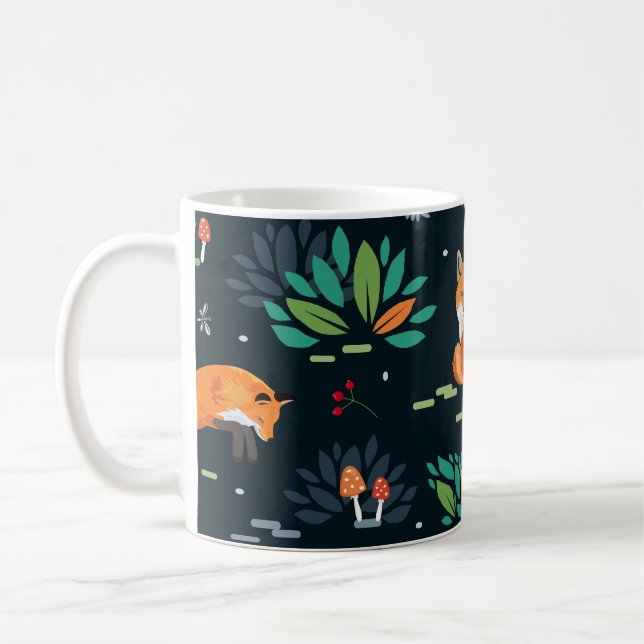 Foxes Trees Leaves Dark Background Coffee Mug (Left)