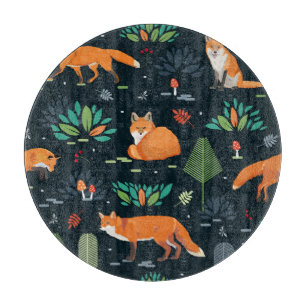 Foxes Trees Leaves Dark Background Cutting Board