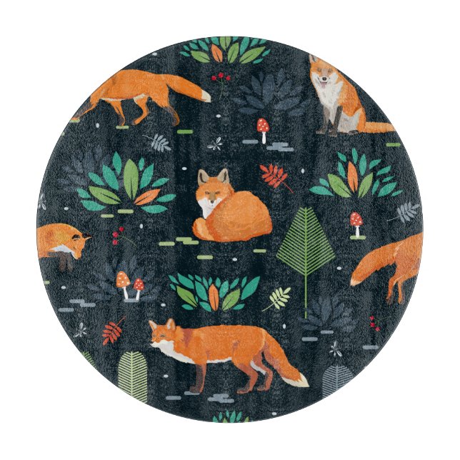 Foxes Trees Leaves Dark Background Cutting Board (Front)