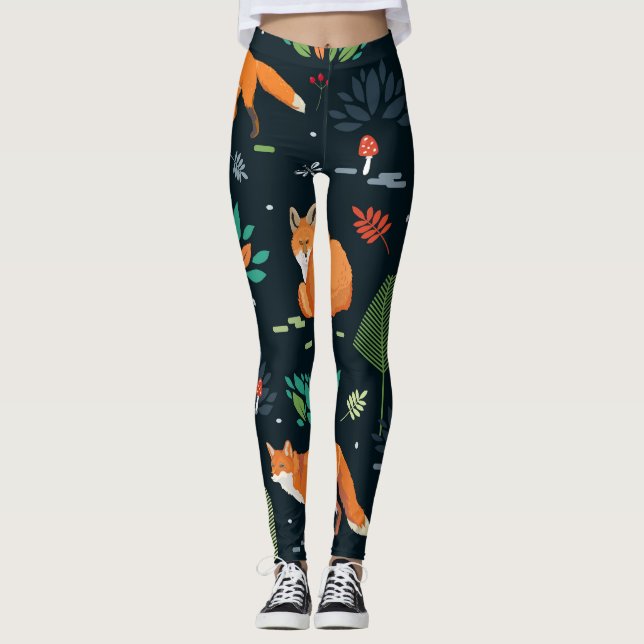 Foxes Trees Leaves Dark Background Leggings (Front)