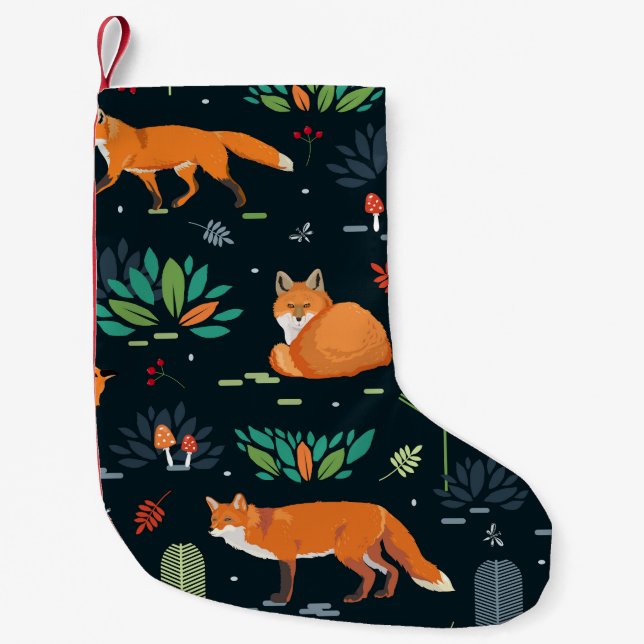 Foxes Trees Leaves Dark Background Small Christmas Stocking (Front)
