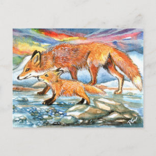 Foxes Walking by Riverbank Postcard