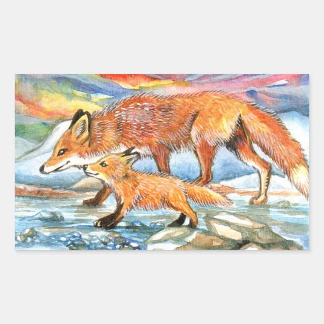 Foxes Walking by Riverbank Rectangular Sticker (Front)