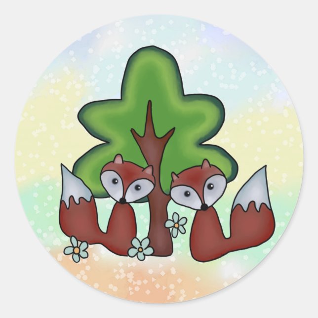 foxes with tree classic round sticker (Front)
