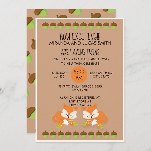 Foxes Woodland Animals Twins Baby Shower Invite (Front/Back)