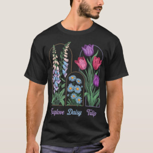 Foxglove Daisy Tulip Vintage Floral Drawing T-Shirt