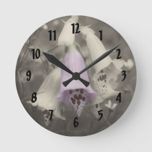 Foxglove Flowers In Partial Colour Black And White Round Clock