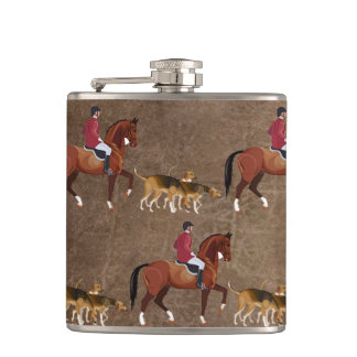 Foxhunting horse rider and hounds hip flask