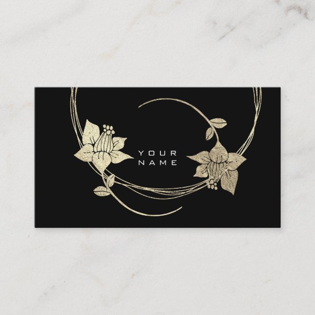 Foxier Gold Rose Black White Floral Glam Business Card (Front)