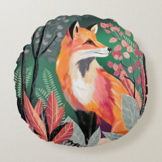 Fox's Enchanted Forest Hand-Painted Nature Illustr Round Cushion