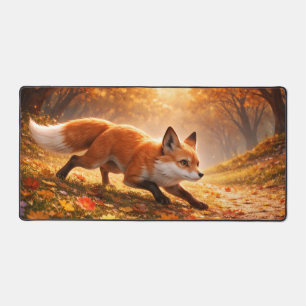 Fox's hunting in Golden Autumn Forest Leaves Desk Mat