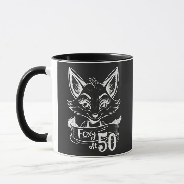 Foxy At 50, Happy 50th Birthday Fox/Vixen Black Mug (Left)