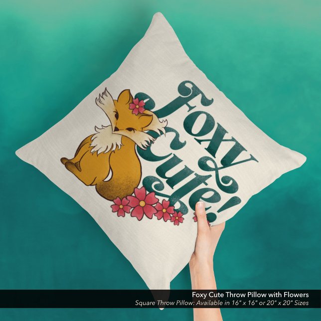 Foxy Cute with Flowers Cushion (Foxy Cute Square Throw Pillow with Hand Drawn Fox and Flower Arwork.)
