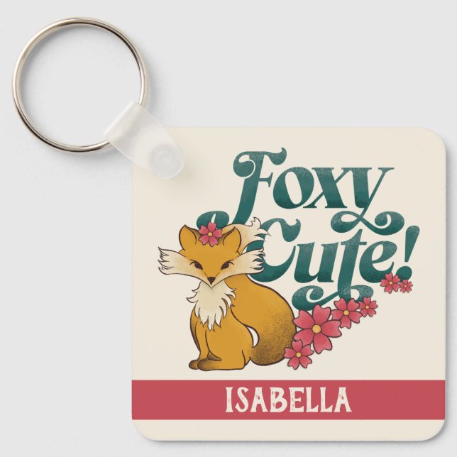 Foxy Cute with Flowers Personalized Name Key Ring (Front)