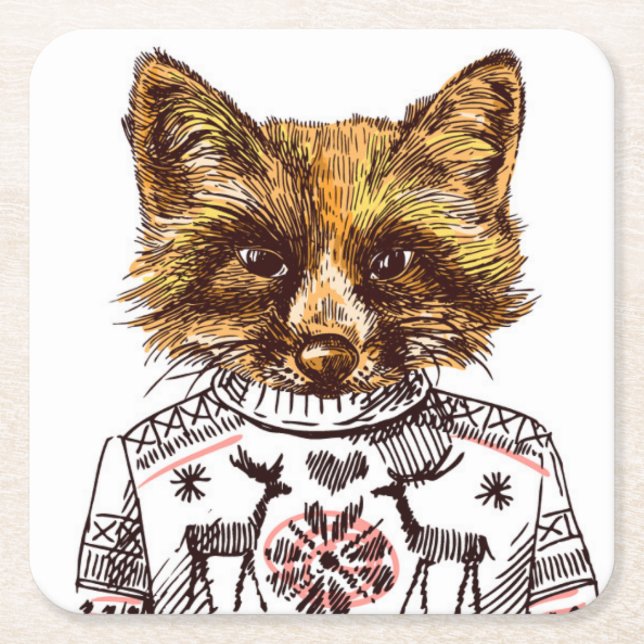 Foxy Dressed Fox Square Paper Coaster (Front)
