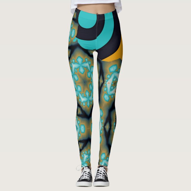 Fractal and geometric pattern in turquoise orange leggings (Front)