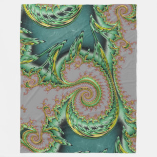 Fractal art deco style green gold grey fleece blanket