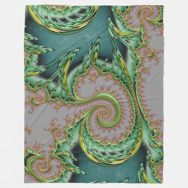 Fractal art deco style green gold grey fleece blanket (Front)