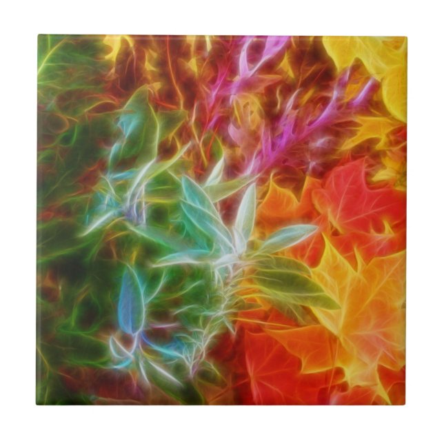 Fractal Autumn Leaves Rainbow Ceramic Tile (Front)