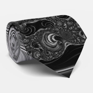Fractal Black White Metal Nautilus Swirl Tie
