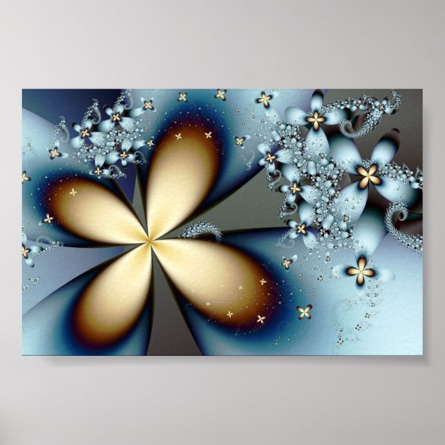 Fractal Blue Gold Cute Abstract Floral Poster (Front)