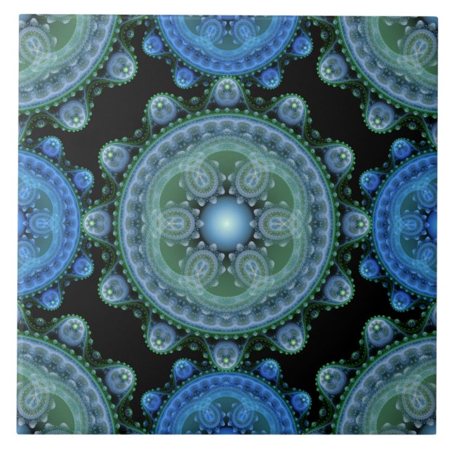 Fractal blue green oriental pattern ceramic tile (Front)