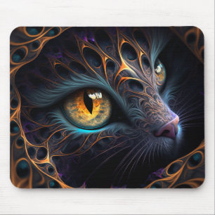Fractal Cat Face in Black and Vibrant Colours Mouse Pad