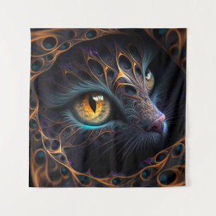Fractal Cat Face in Black and Vibrant Colours Tapestry