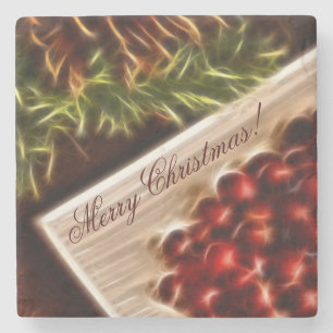 Fractal Cranberry Christmas with Customisable Text Stone Coaster
