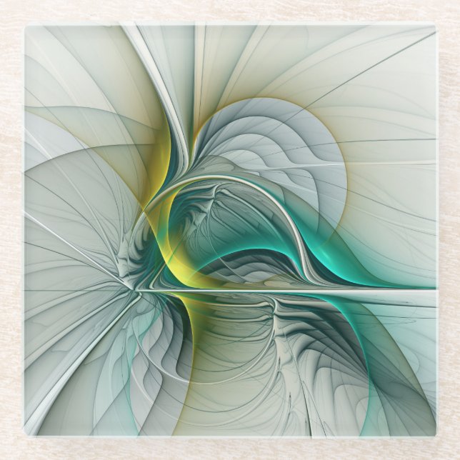 Fractal Evolution, Golden Turquoise Abstract Art Glass Coaster (Front)