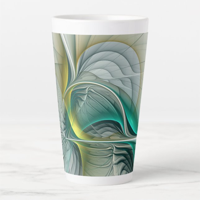 Fractal Evolution, Golden Turquoise Abstract Art Latte Mug (Front)