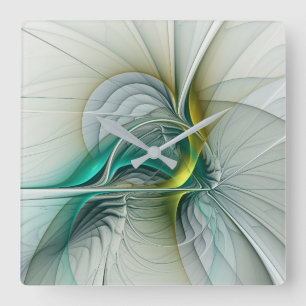 Fractal Evolution, Golden Turquoise Abstract Art Square Wall Clock