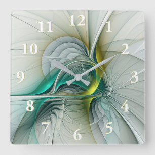 Fractal Evolution, Golden Turquoise Abstract Art Square Wall Clock