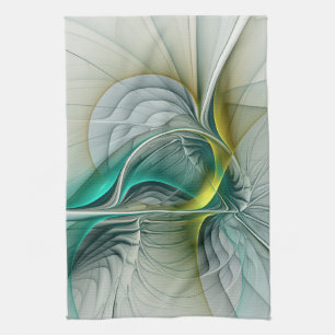 Fractal Evolution, Golden Turquoise Abstract Art Tea Towel