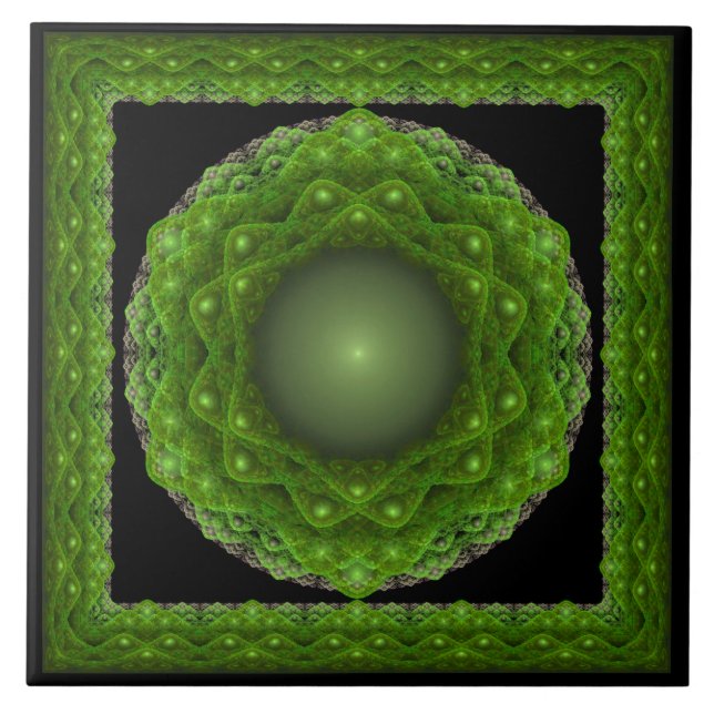 Fractal framed green ornament ceramic tile (Front)