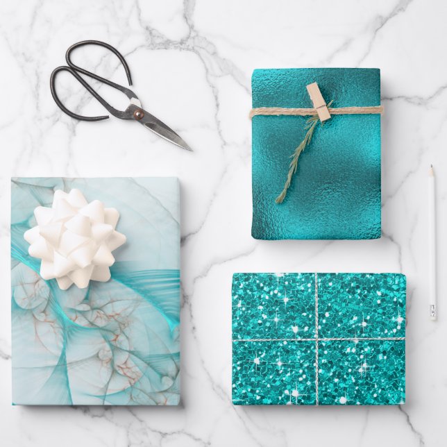 Fractal Glitter Glass Teal Wrapping Paper Sheet (Front)